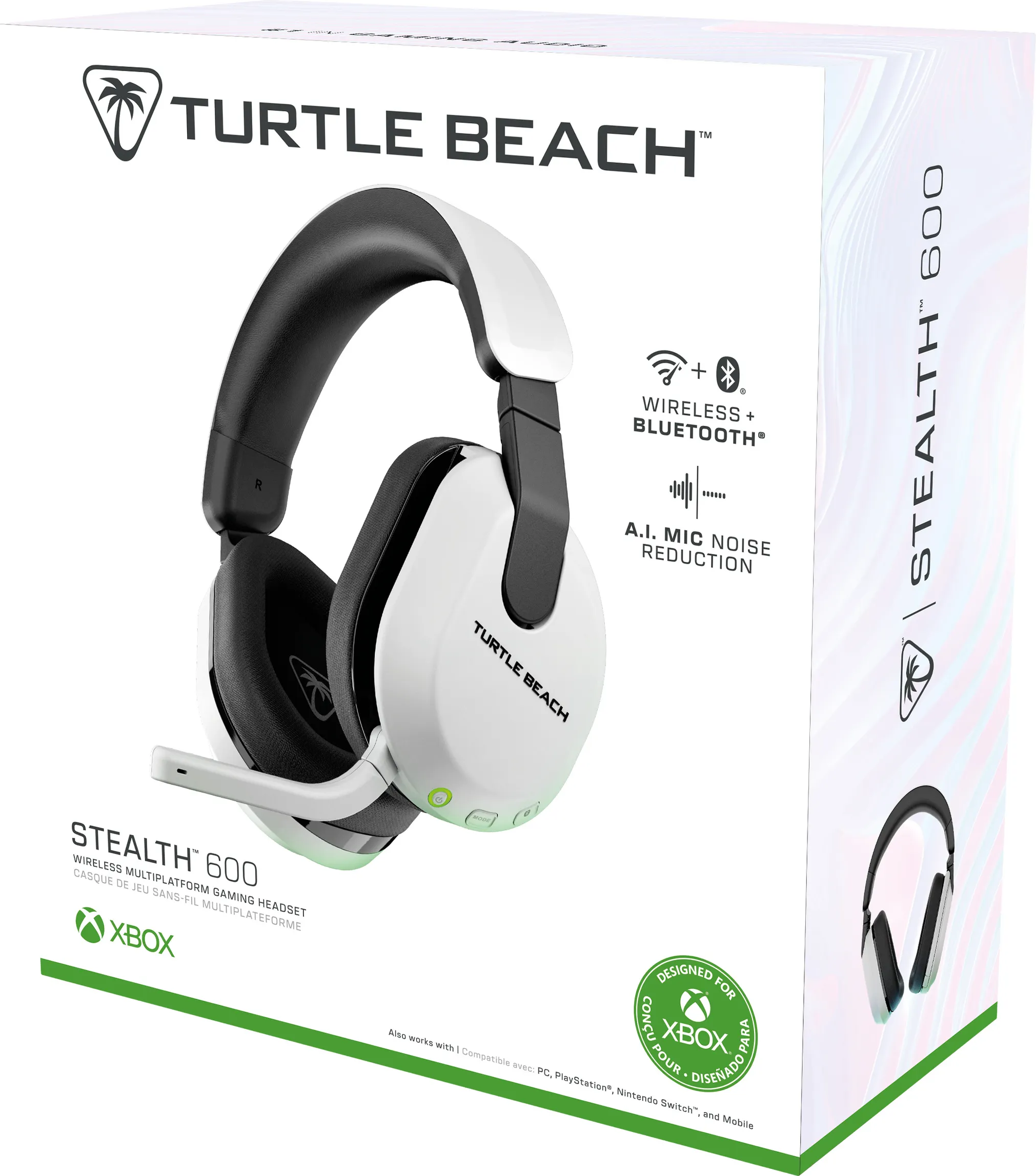 Weiß-schwarzer Gaming-Headset-Karton. Enthält drahtlos, Bluetooth und Rauschunterdrückung.