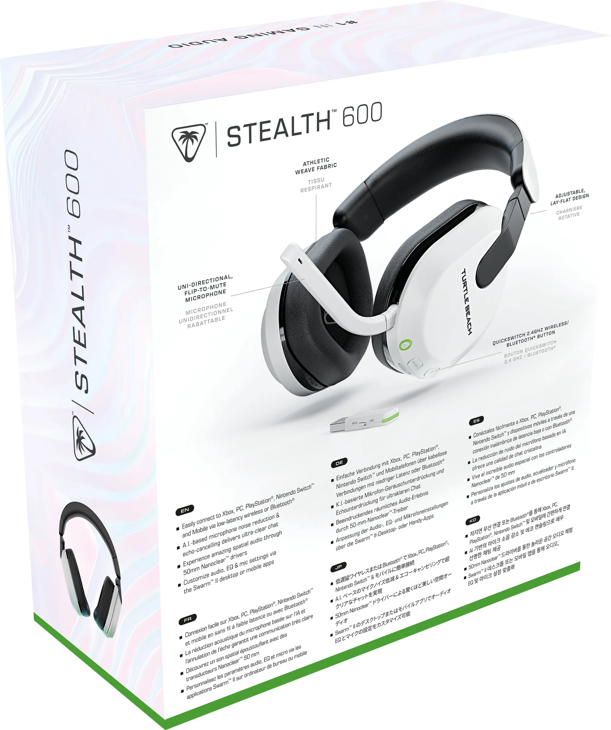 Weißes und schwarzes Gaming-Headset. Box mit Text in mehreren Sprachen. Weißer Hintergrund.
