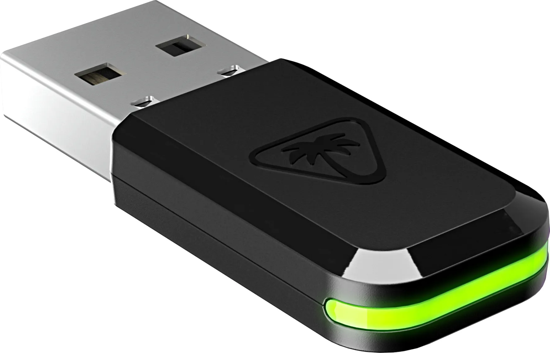 Una chiavetta USB nera con un logo nero e una luce verde all'estremità.