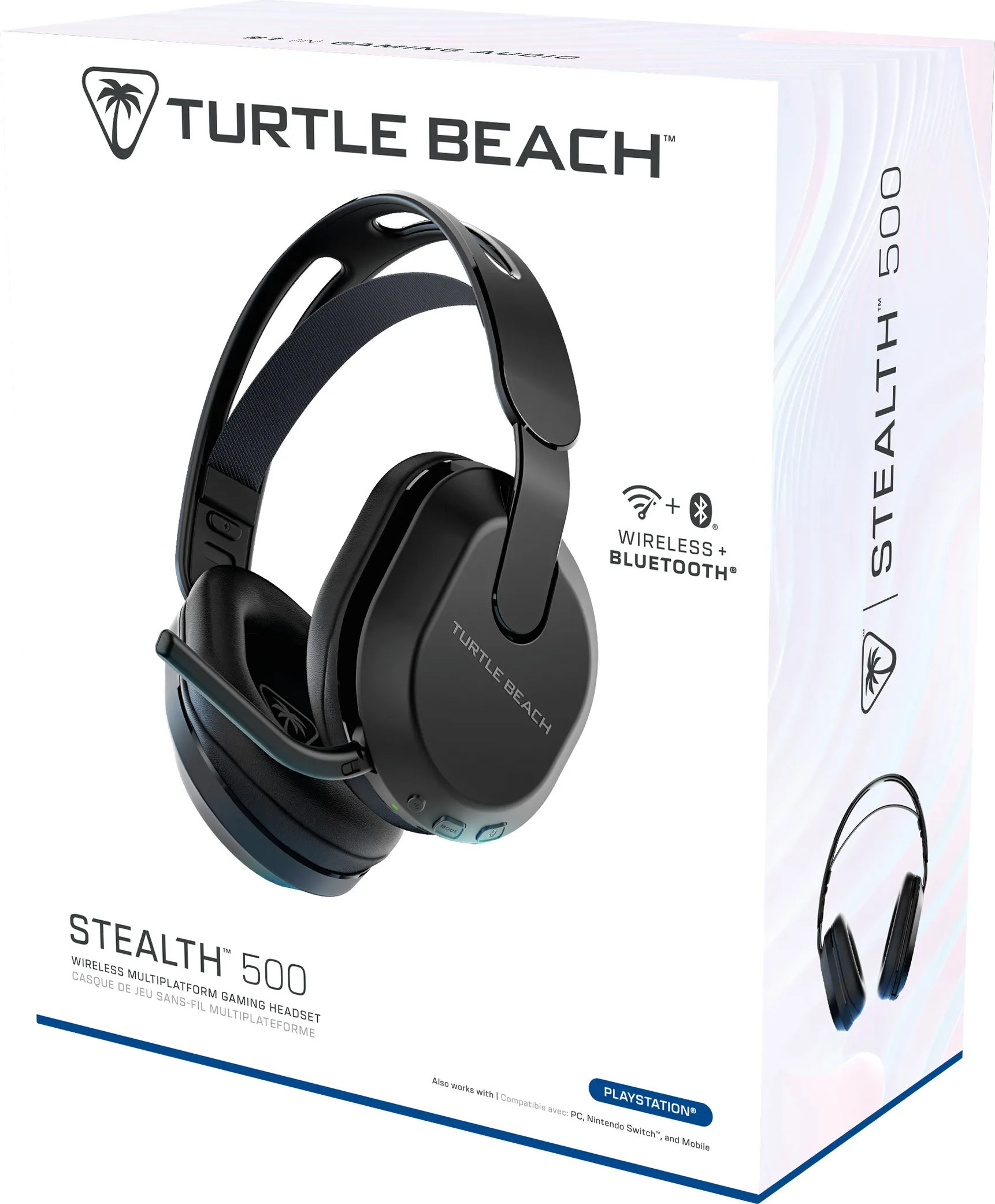 Cuffie da gioco Turtle Beach nere su scatola bianca. Testo: Stealth 500, wireless, Bluetooth.