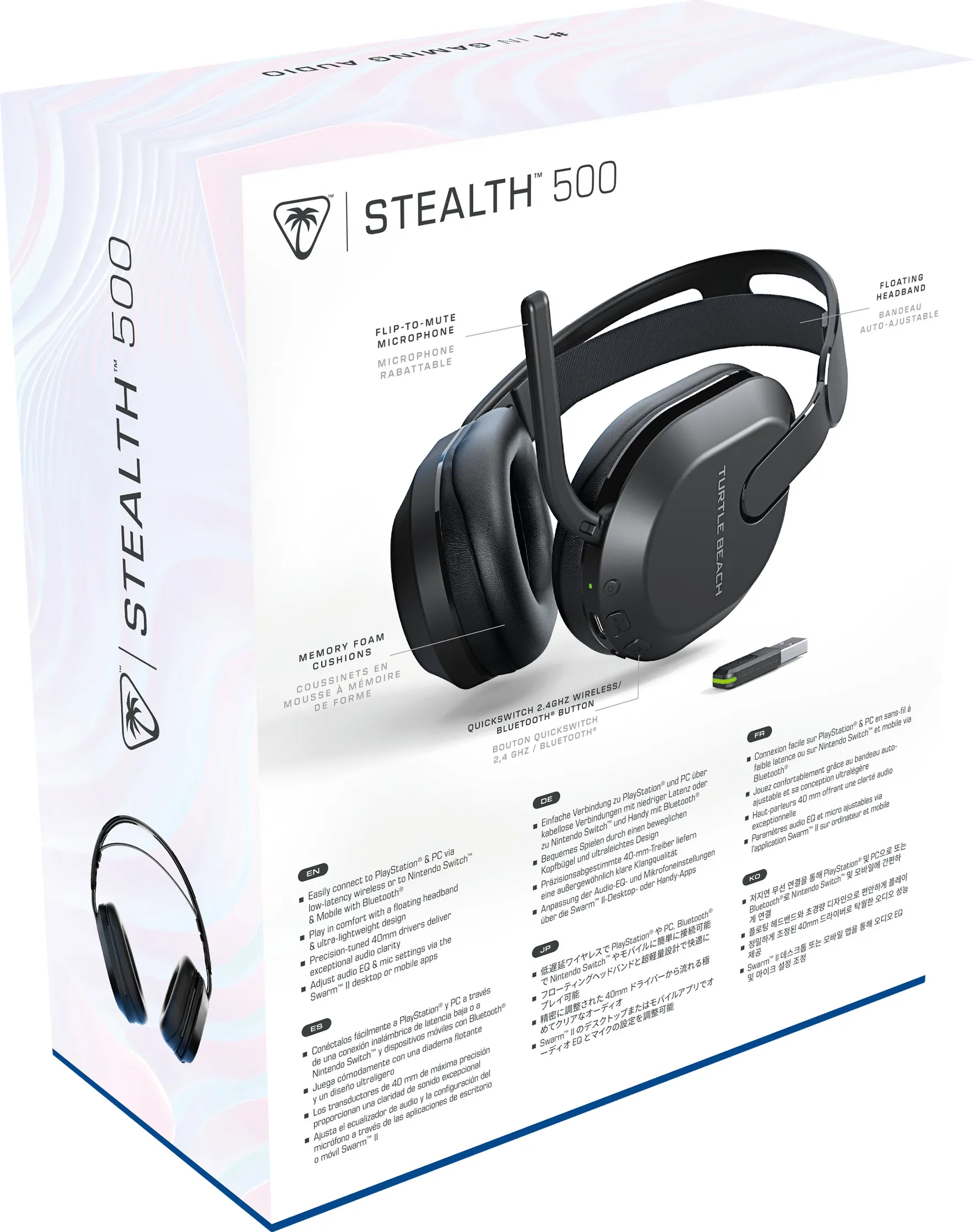 Scatola per le cuffie 'STEALTH 500'. La parte anteriore mostra le cuffie e le caratteristiche.