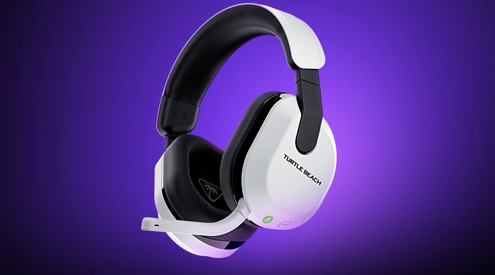 Cuffie Turtle Beach bianche e nere con microfono su sfondo viola.