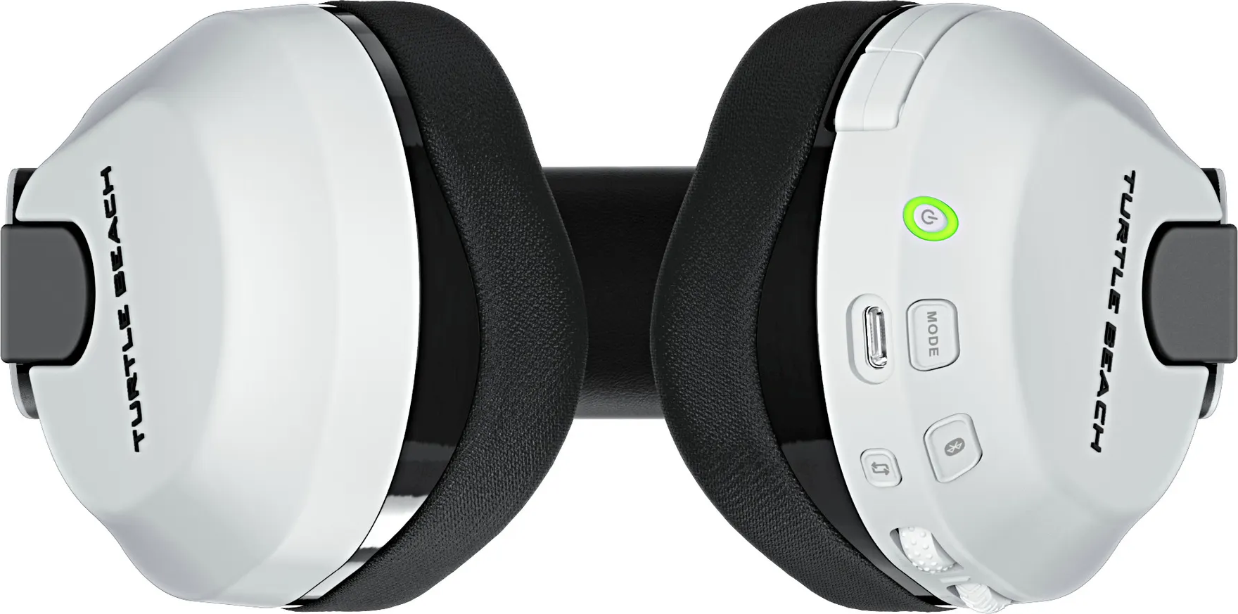Cuffie da gaming bianche e nere con il marchio sul lato e pulsanti di controllo.