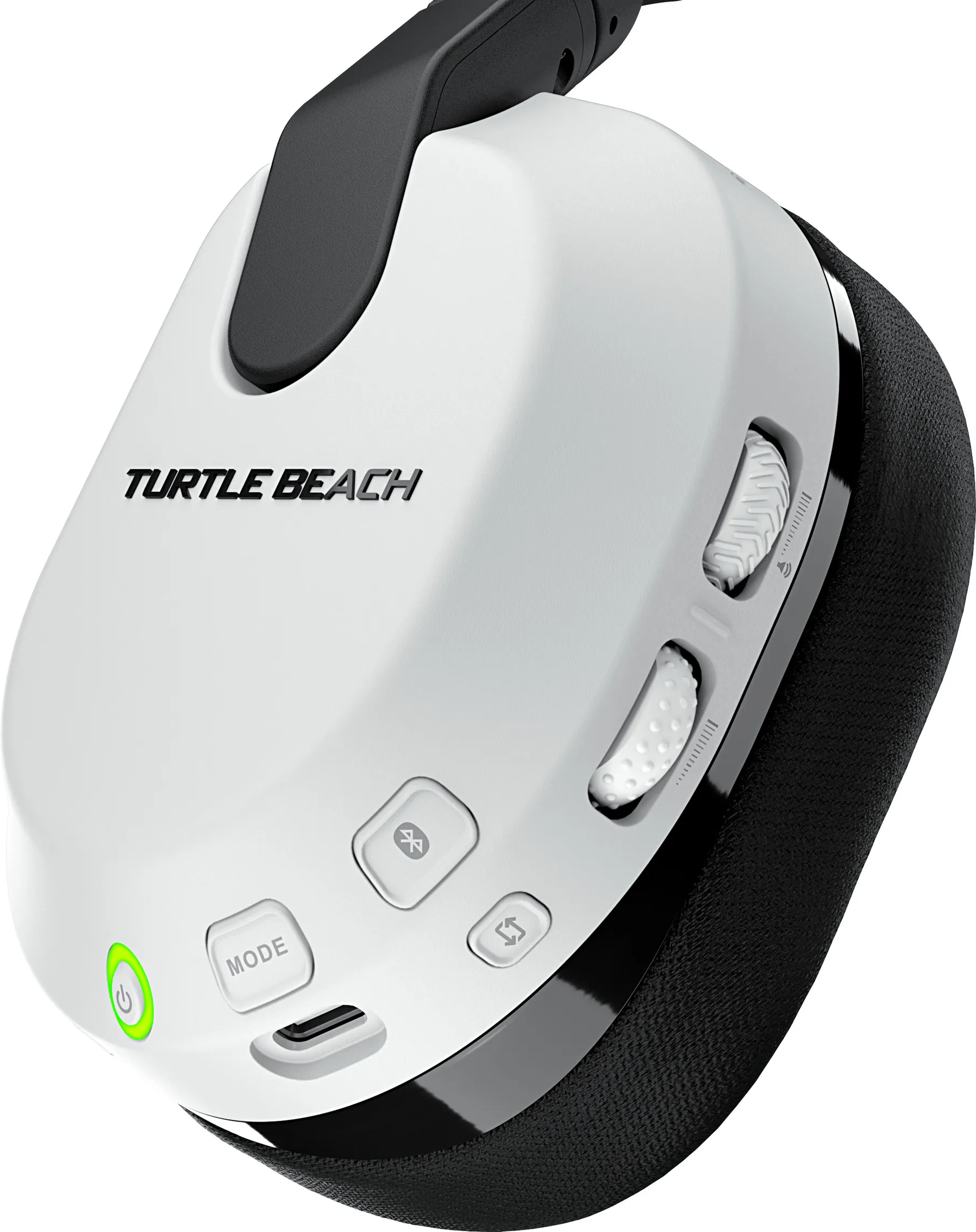 Primo piano di una cuffia Turtle Beach bianca, che mostra pulsanti e controlli.