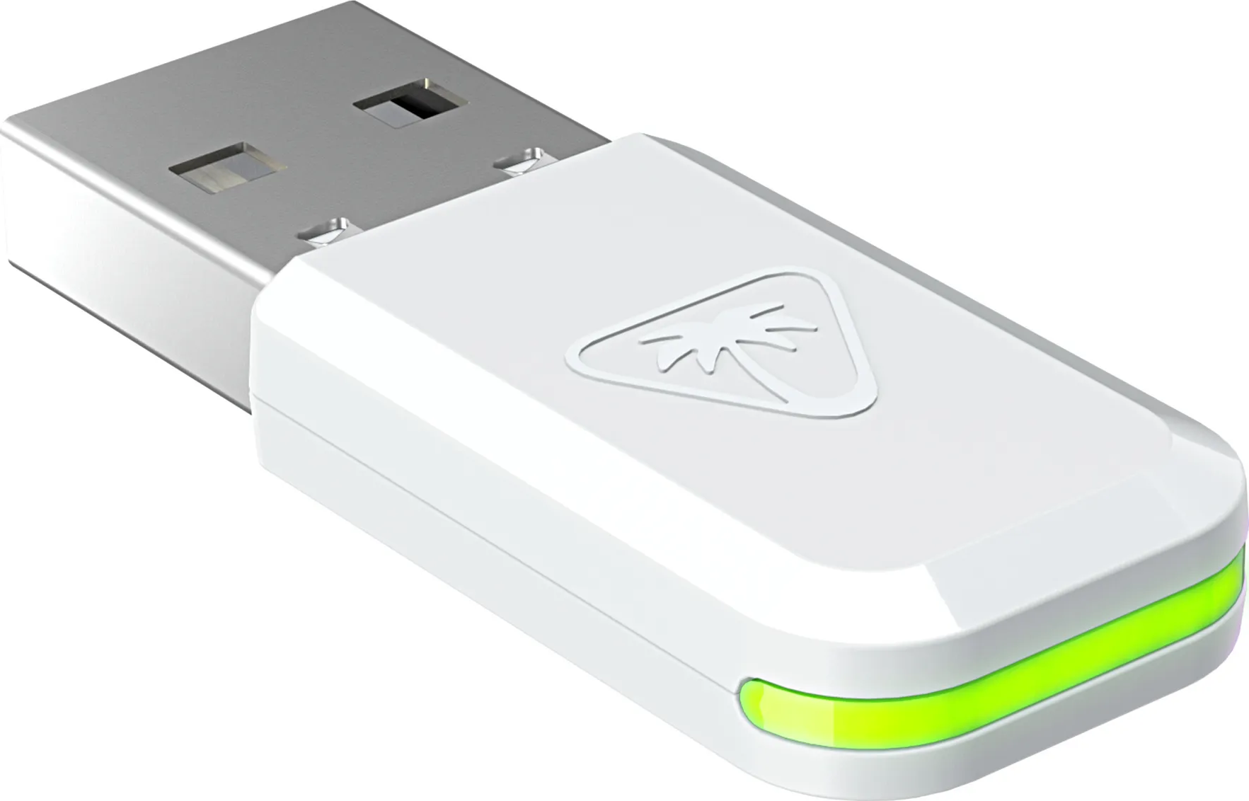 Chiavetta USB bianca con luce verde. Un logo è sulla chiavetta.