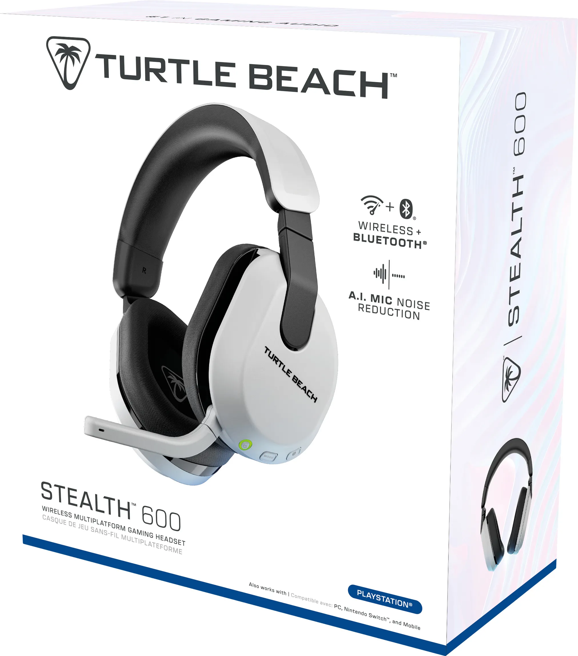 Una scatola di cuffie Turtle Beach bianca, che mostra una cuffia e le sue caratteristiche, su bianco.
