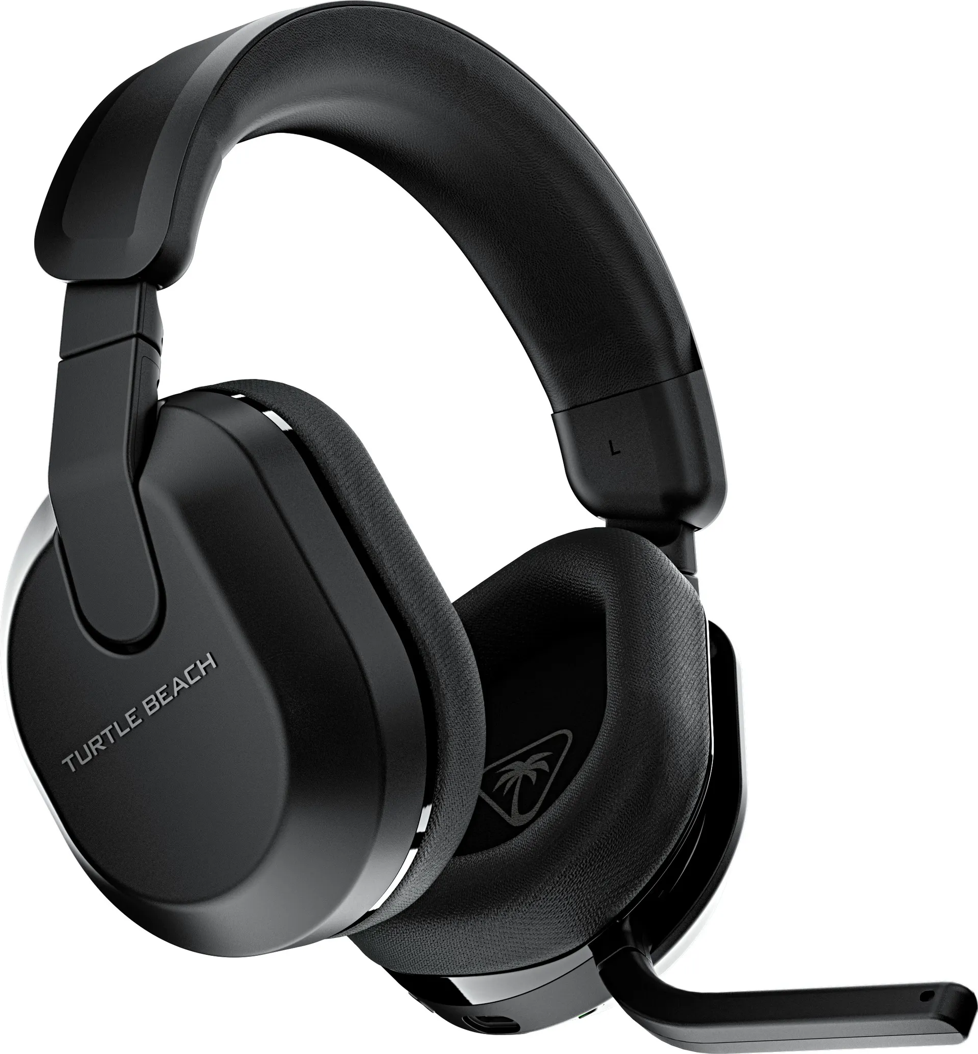 Un auricolare da gioco Turtle Beach nero con un microfono esteso. L'auricolare ha accenti bianchi.