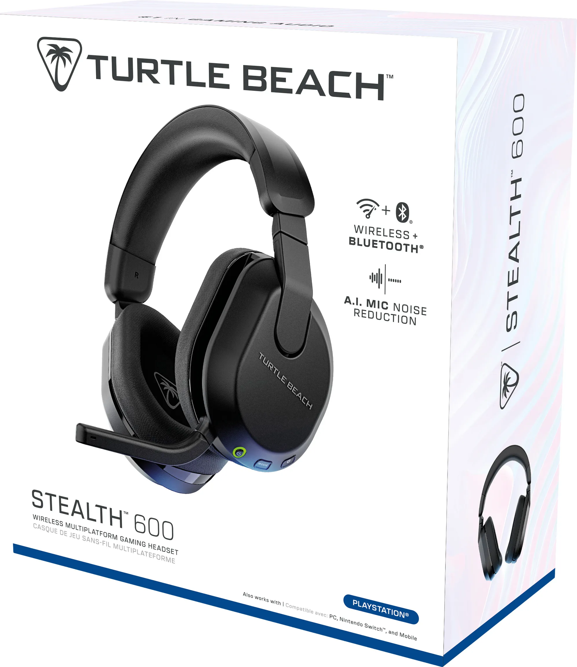 Scatola bianca con cuffie Turtle Beach nere. Ha un microfono e dei pulsanti.
