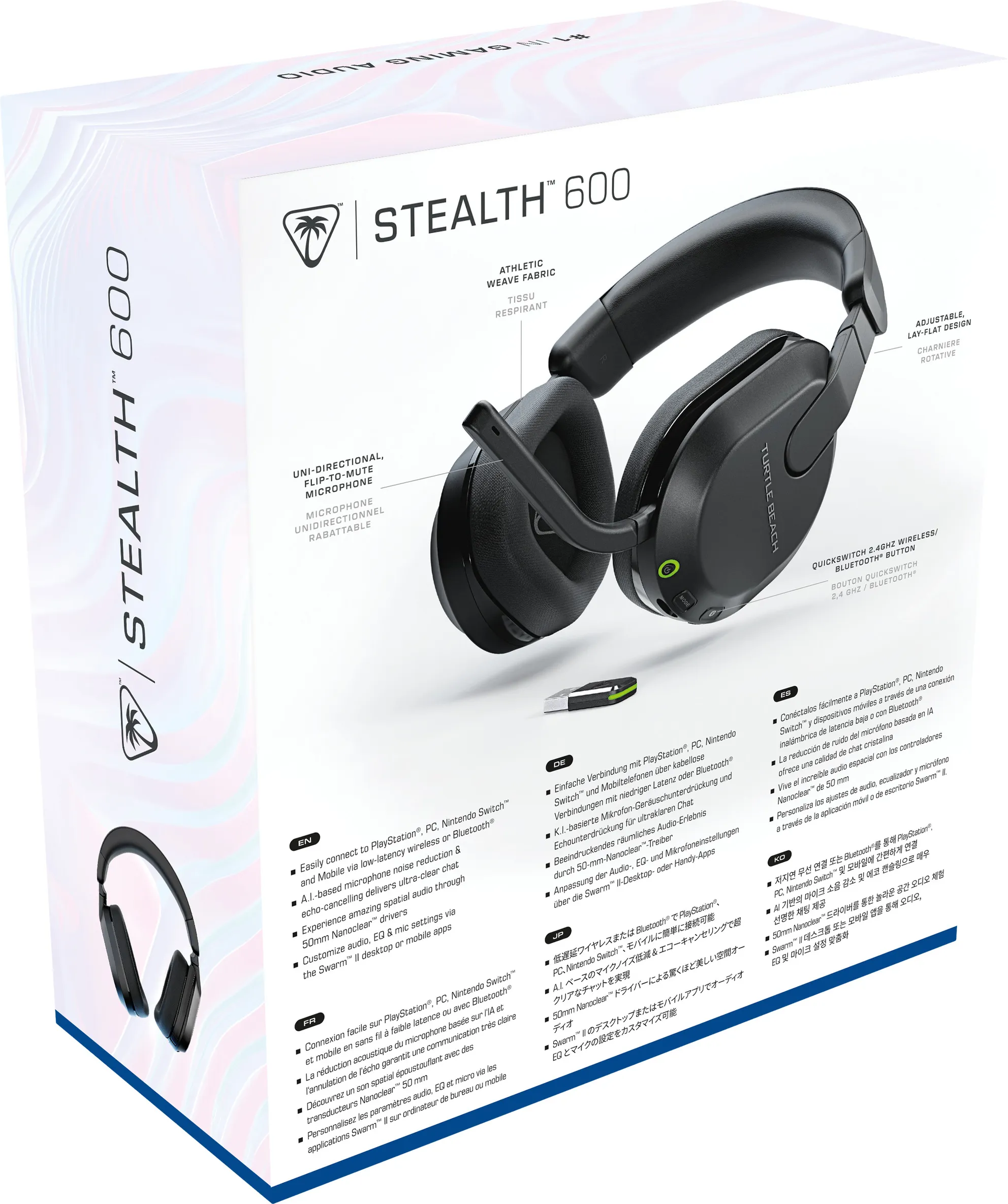 Una cuffia nera è esposta in una scatola con testo sui lati. La cuffia è a destra.