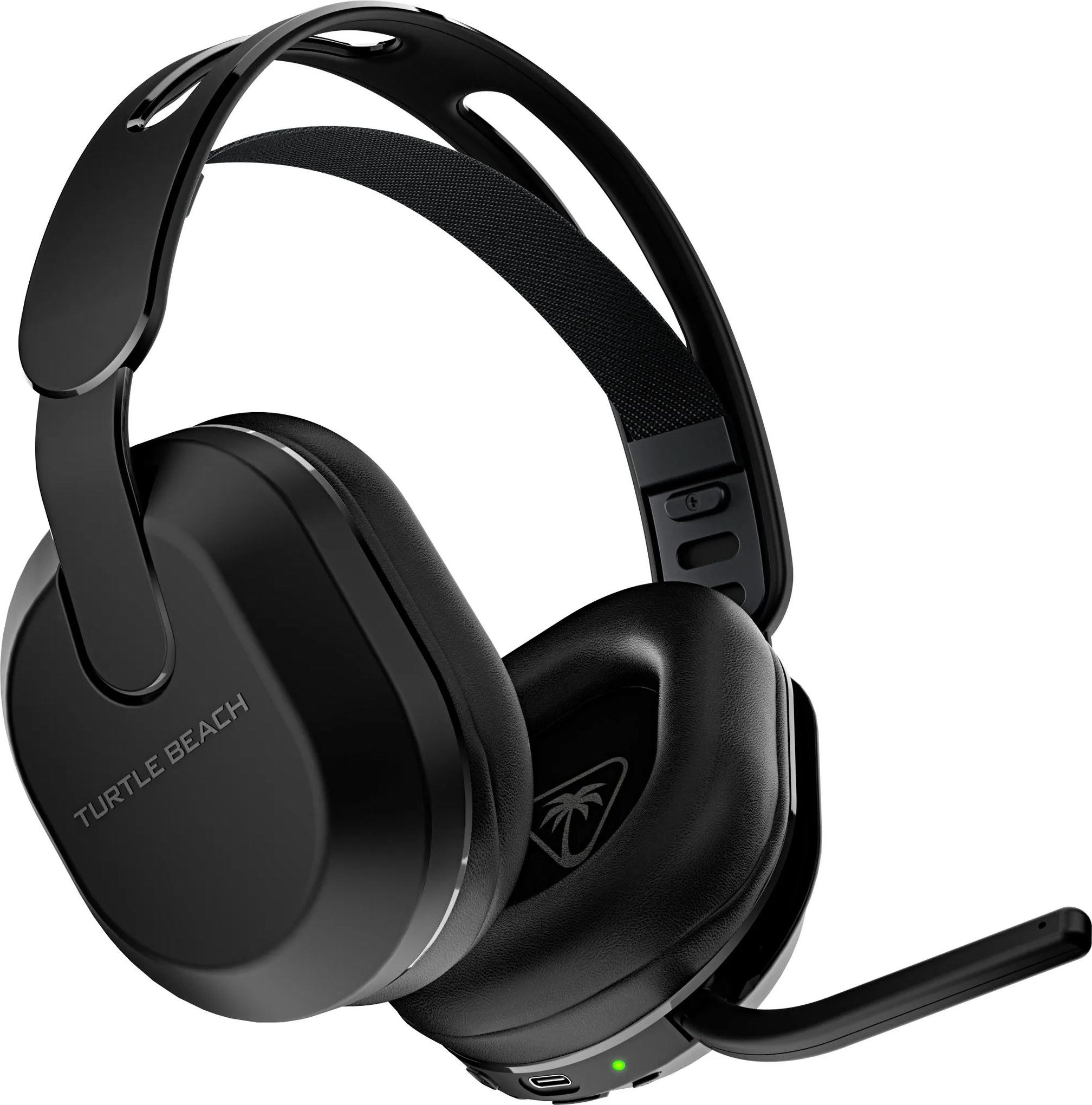 Schwarzes Headset mit Mikrofon. Ein grünes Licht ist sichtbar. Die Marke Turtle Beach ist sichtbar.