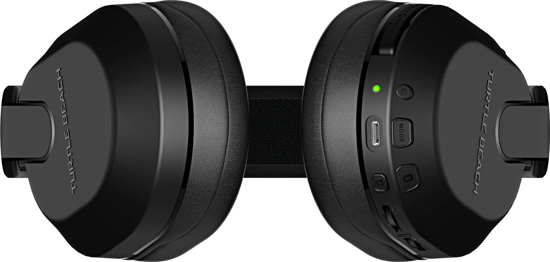 Schwarze Turtle Beach Kopfhörer. Grünes Licht, Power-, Mode- und Bluetooth-Tasten. Schwarzer Hintergrund.