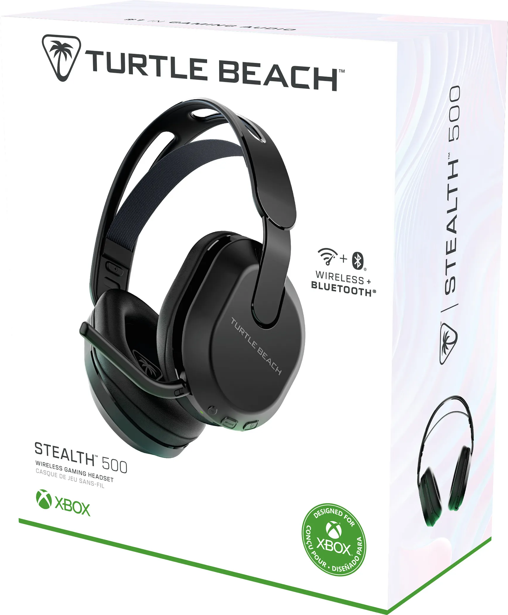 Schachtel für ein Turtle Beach Stealth 500 Wireless-Gaming-Headset, schwarz und weiß.