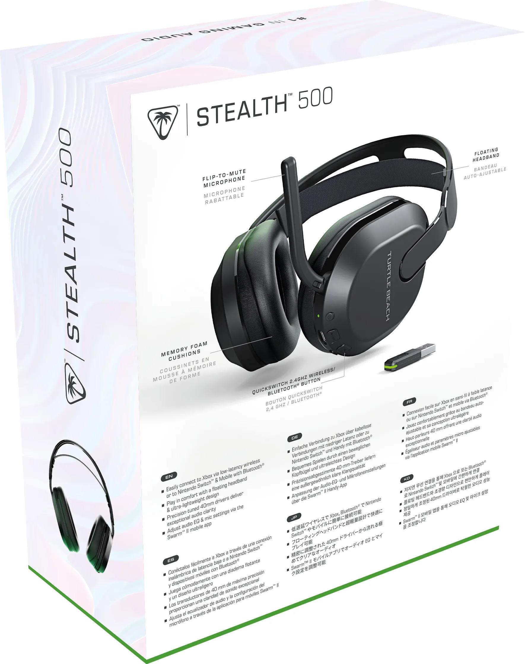 Turtle Beach Gaming-Headset-Box. Schwarze Headset-Grafik auf der Box mit Funktionsbeschreibungen.