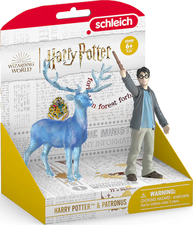 Harry-Potter-Figur und Patronus-Hirsch in einer Displaybox, ein Set der Zaubererwelt.