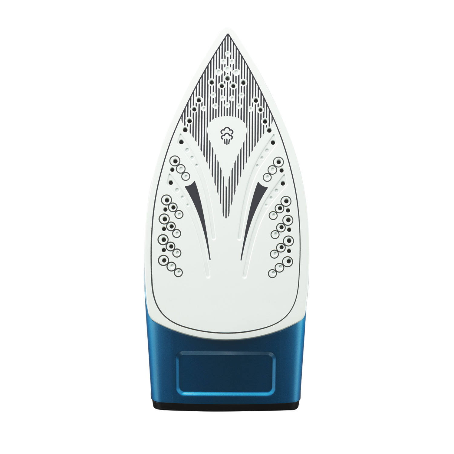 Semelle de fer à repasser, blanche avec des fentes noires et une base bleue. Le fer est sur fond blanc.