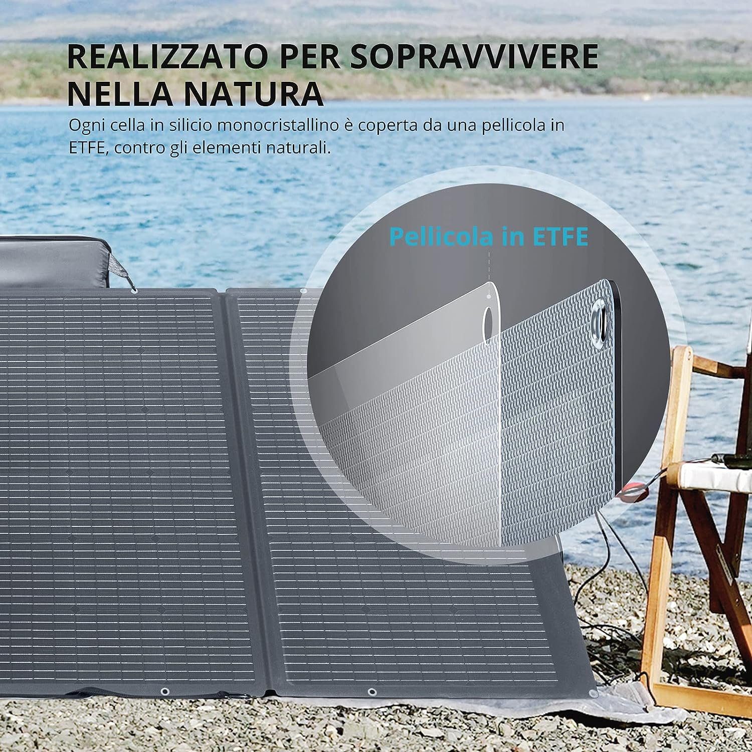 Configurazione di pannelli solari su una spiaggia con primo piano del materiale, testo in italiano.