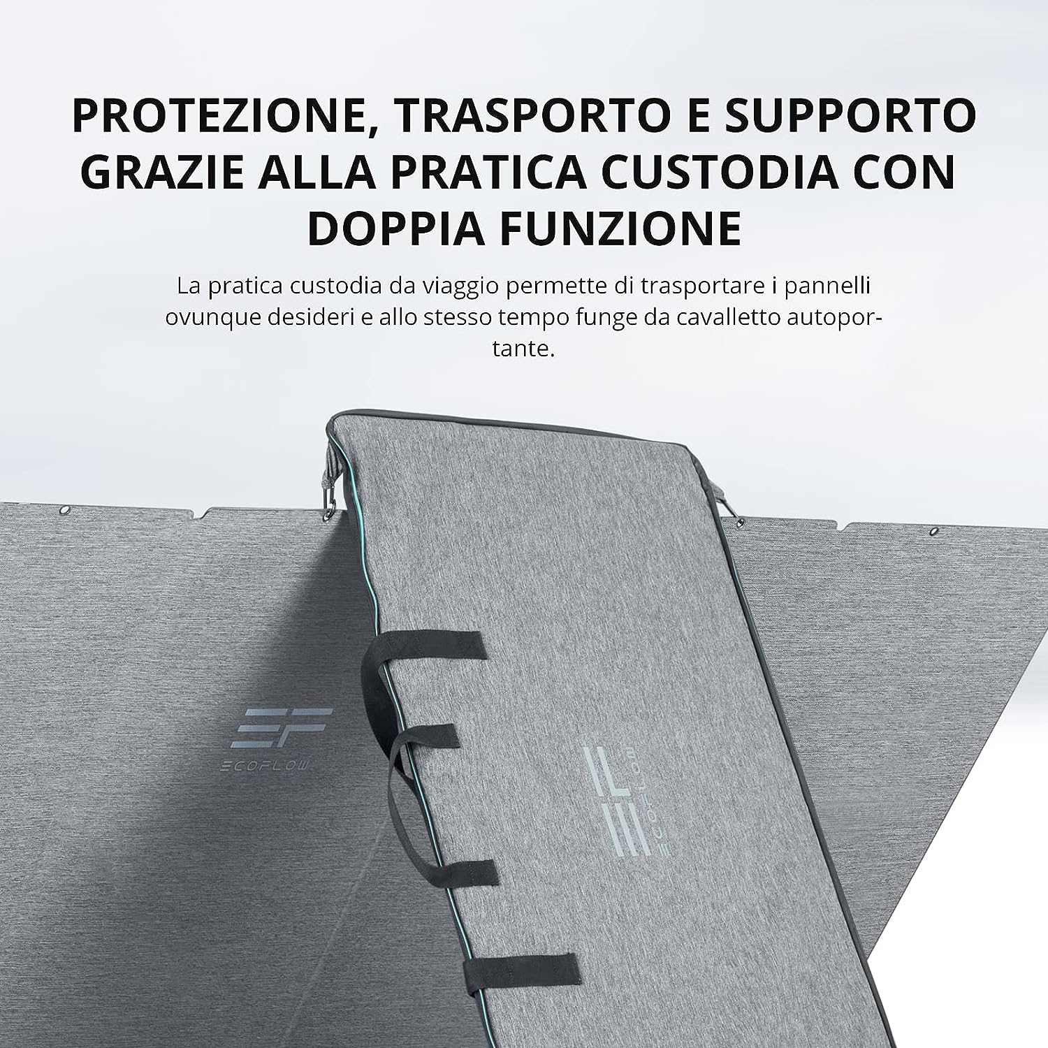 Due pannelli grigi con maniglie e cerniera. I pannelli servono per il trasporto e il supporto.