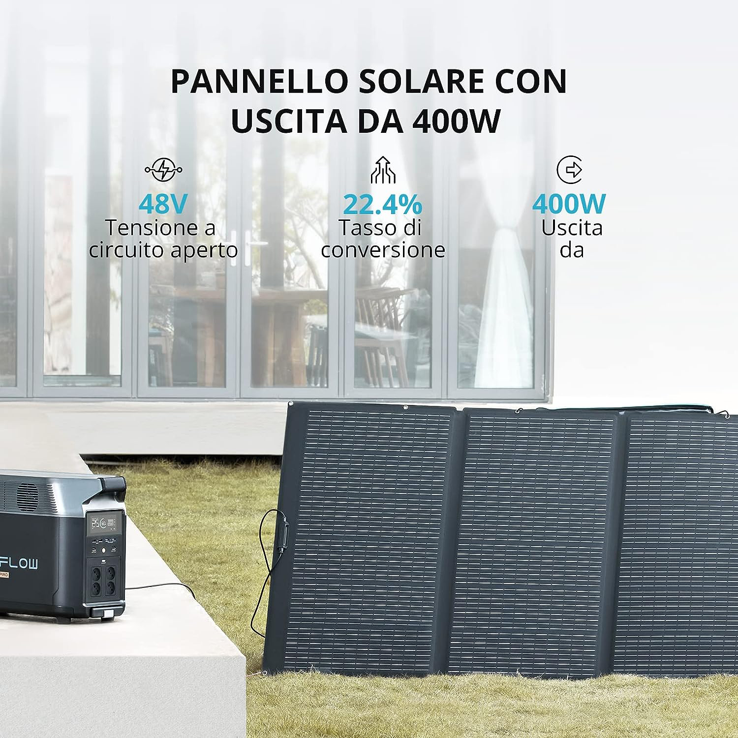 Installazione pannelli solari su erba. Punti salienti: 48V, conversione 22,4%, uscita 400W. Casa e cielo.