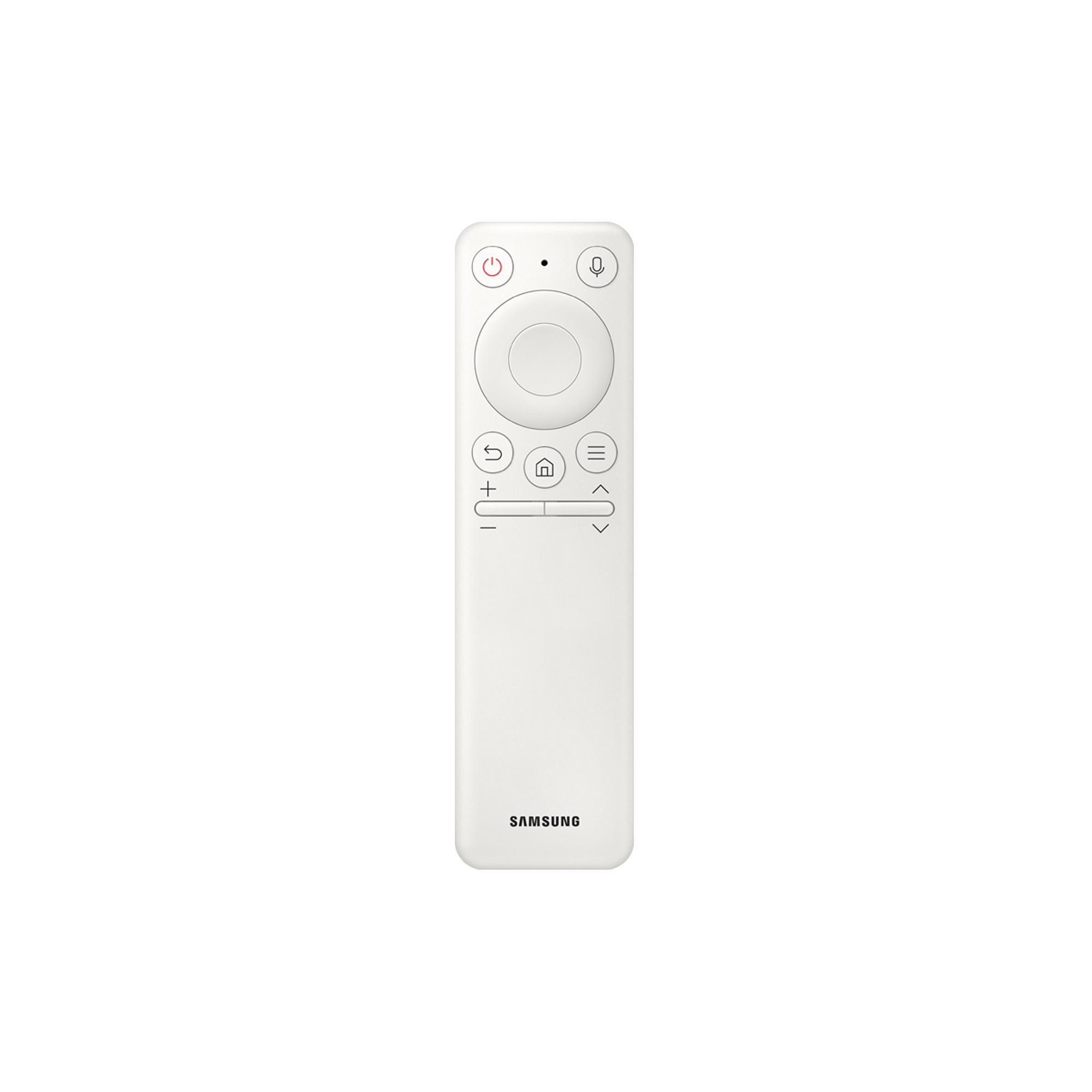 Eine weiße Samsung-Fernbedienung. Die Fernbedienung hat mehrere Tasten, darunter eine kreisförmige.