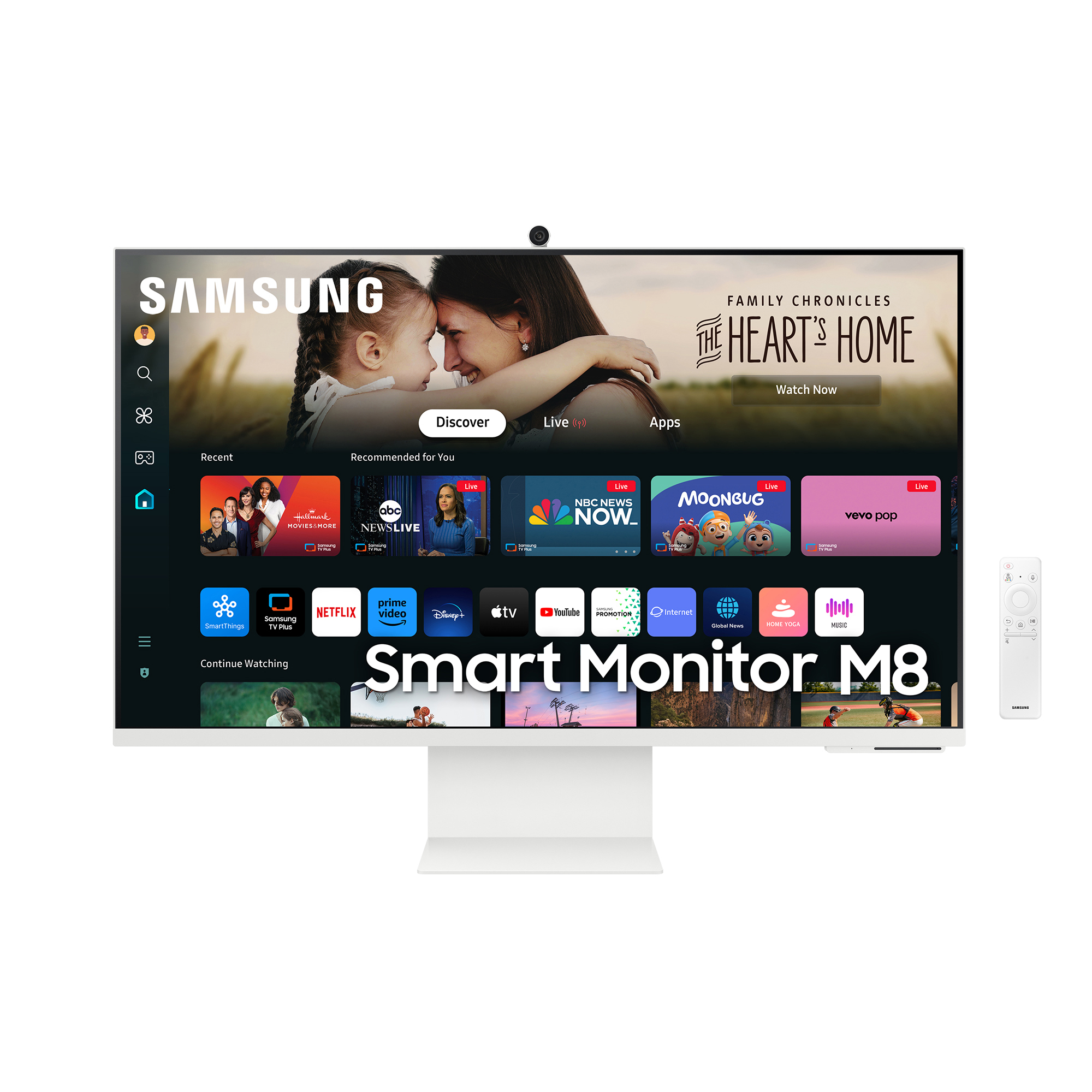 Weißer Samsung Smart Monitor M8 mit Bildschirm, der eine TV-App-Oberfläche und eine Fernbedienung anzeigt.