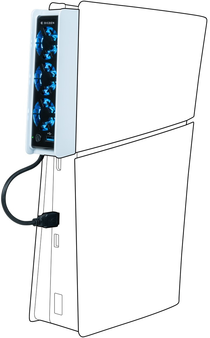 Fehér játékkonzol tartozék kék ventilátorral, fekete kábelhez csatlakoztatva.