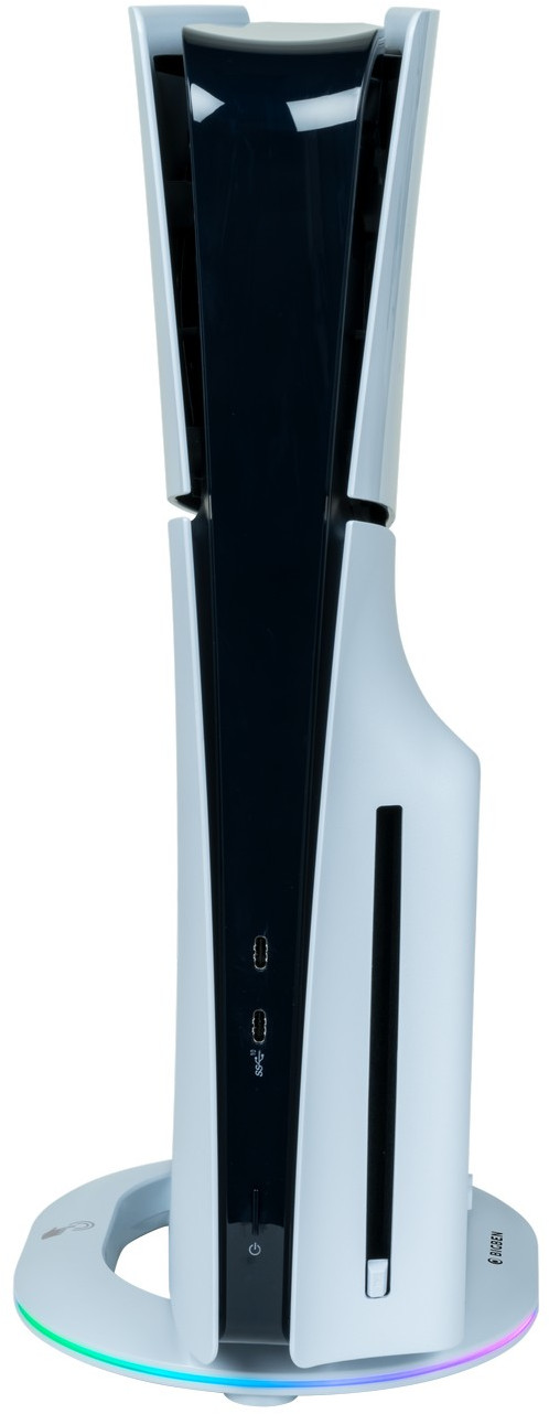 Egy fekete-fehér PlayStation 5 konzol, oldalról nézve, színes alappal.