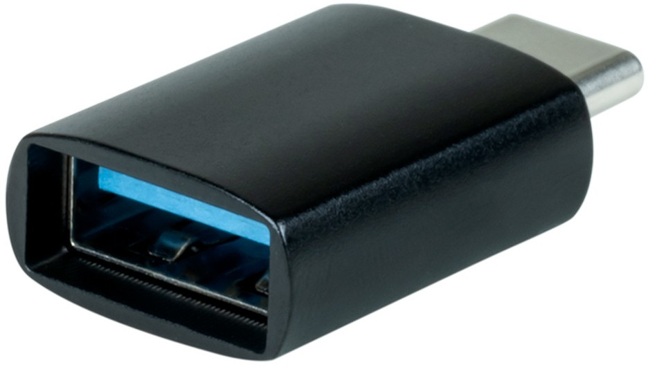 Fekete USB-C-USB-A adapter, kék belsővel, fehér háttéren.