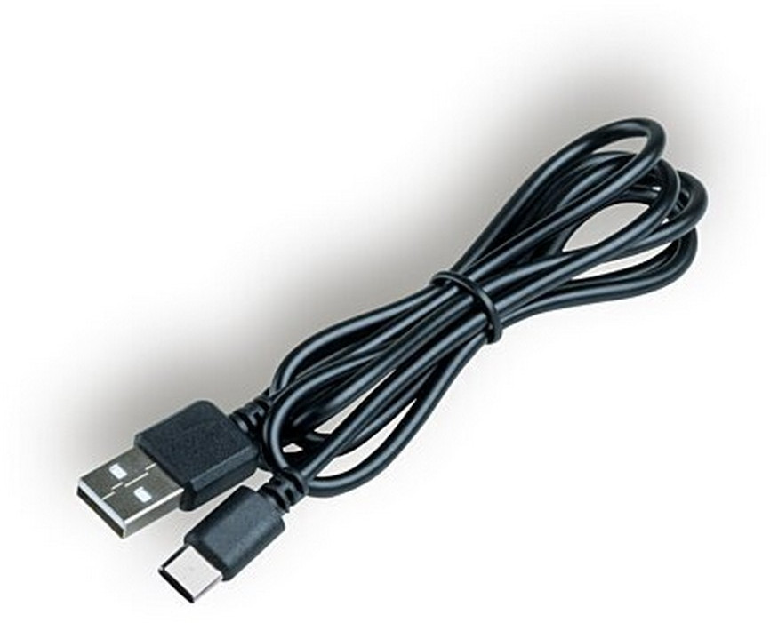 Fekete USB-USB-C kábel, fehér háttér előtt.