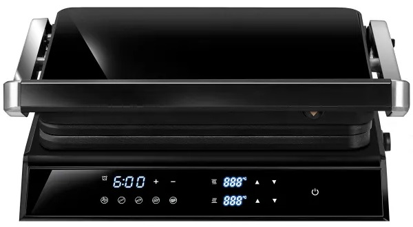 Czarny grill elektryczny z cyfrowym wyświetlaczem pokazującym temperaturę i ustawienia czasu.