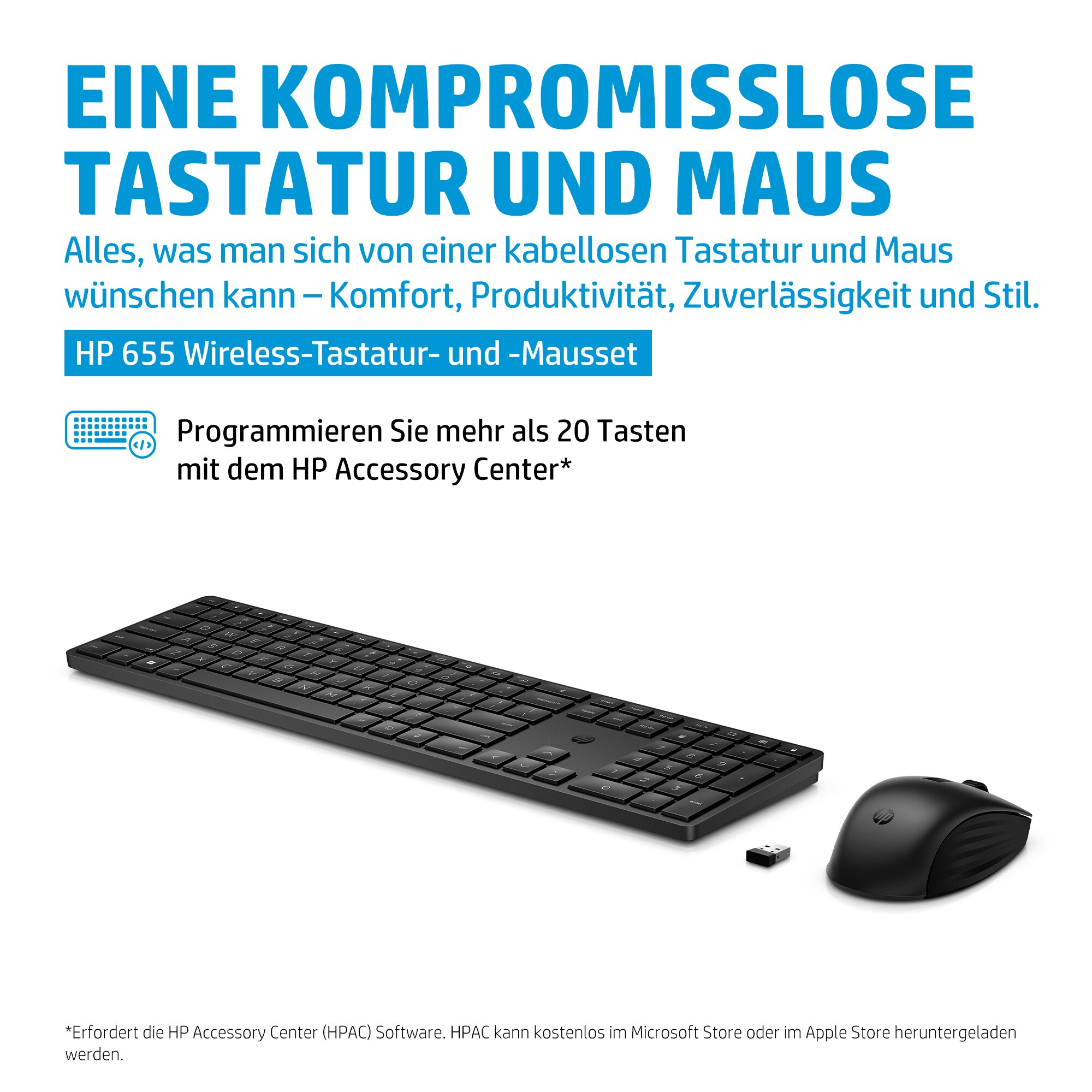 Schwarze Tastatur und Maus mit USB-Empfänger. Text: Eine kompromisslose Tastatur und Maus.