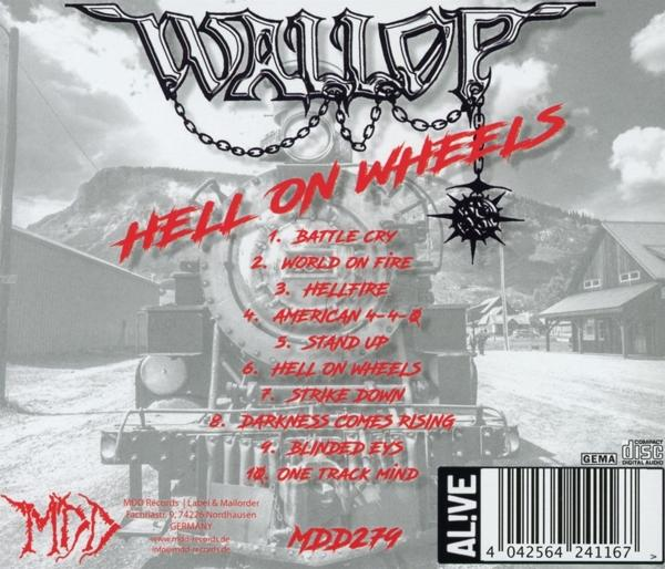 Albumcover für 'Hell on Wheels' von Wallop, mit einem Zug und einem Bergpanorama.