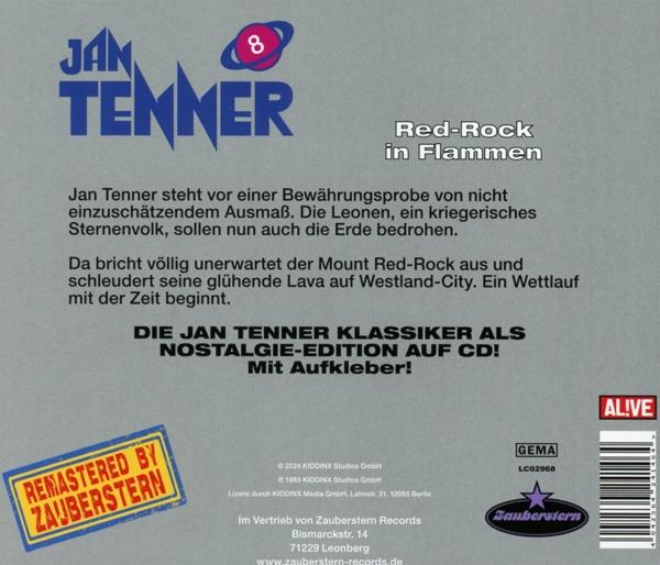 Rückseite einer CD-Hülle mit Text auf Deutsch. Blaue und rote Farben. Weißer Hintergrund.