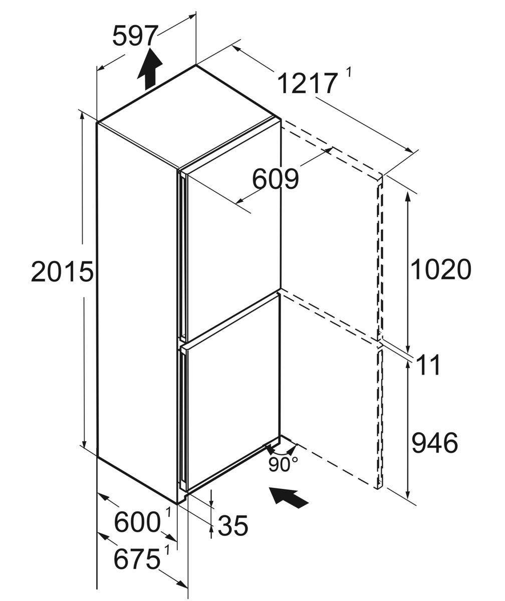 Diagramm eines Kühlschranks mit Abmessungen in Millimetern.
