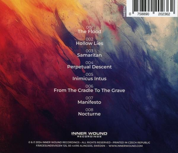 Rückseite des Albums mit Titelliste, farbenfrohem, abstraktem Hintergrund und Text 'INNER WOUND RECORDINGS'.