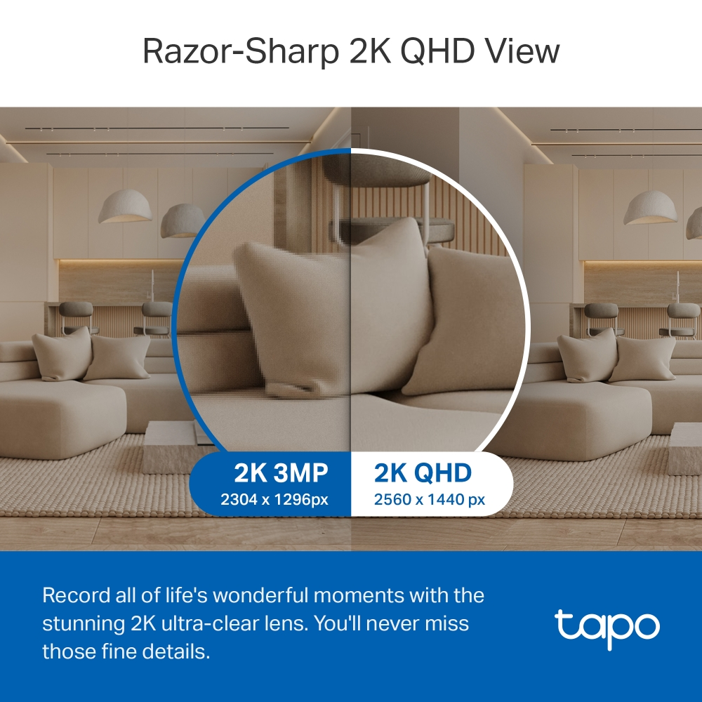 2K 3MP ve 2K QHD çözünürlüklerini karşılaştıran, odadaki bir kanepenin gösterildiği görüntü.