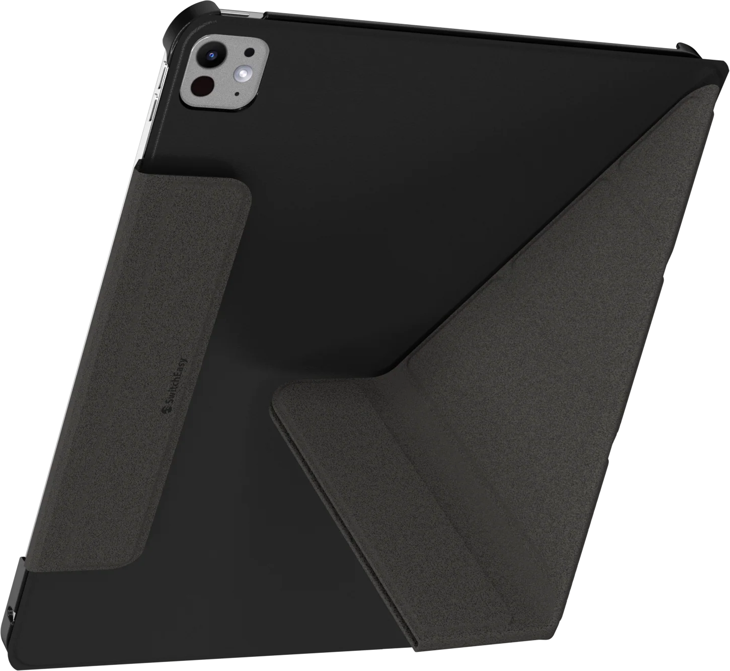 Fekete iPad Pro tablet védőtokban. A tok részben össze van hajtva. A kamera látható.