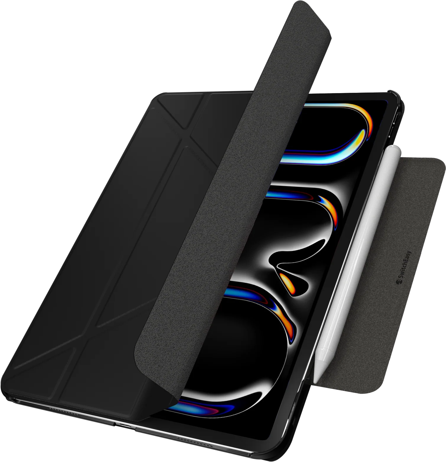 Nyitott fekete tablet tokkal, fehér ceruzával, színes grafikákat mutató képernyővel.
