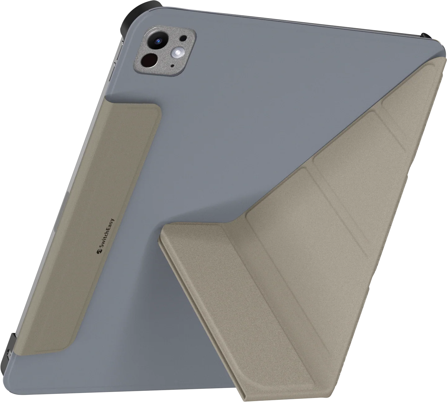 Egy iPad bézs tokban, szögben, hogy megmutassa a hátulját és az állványt.