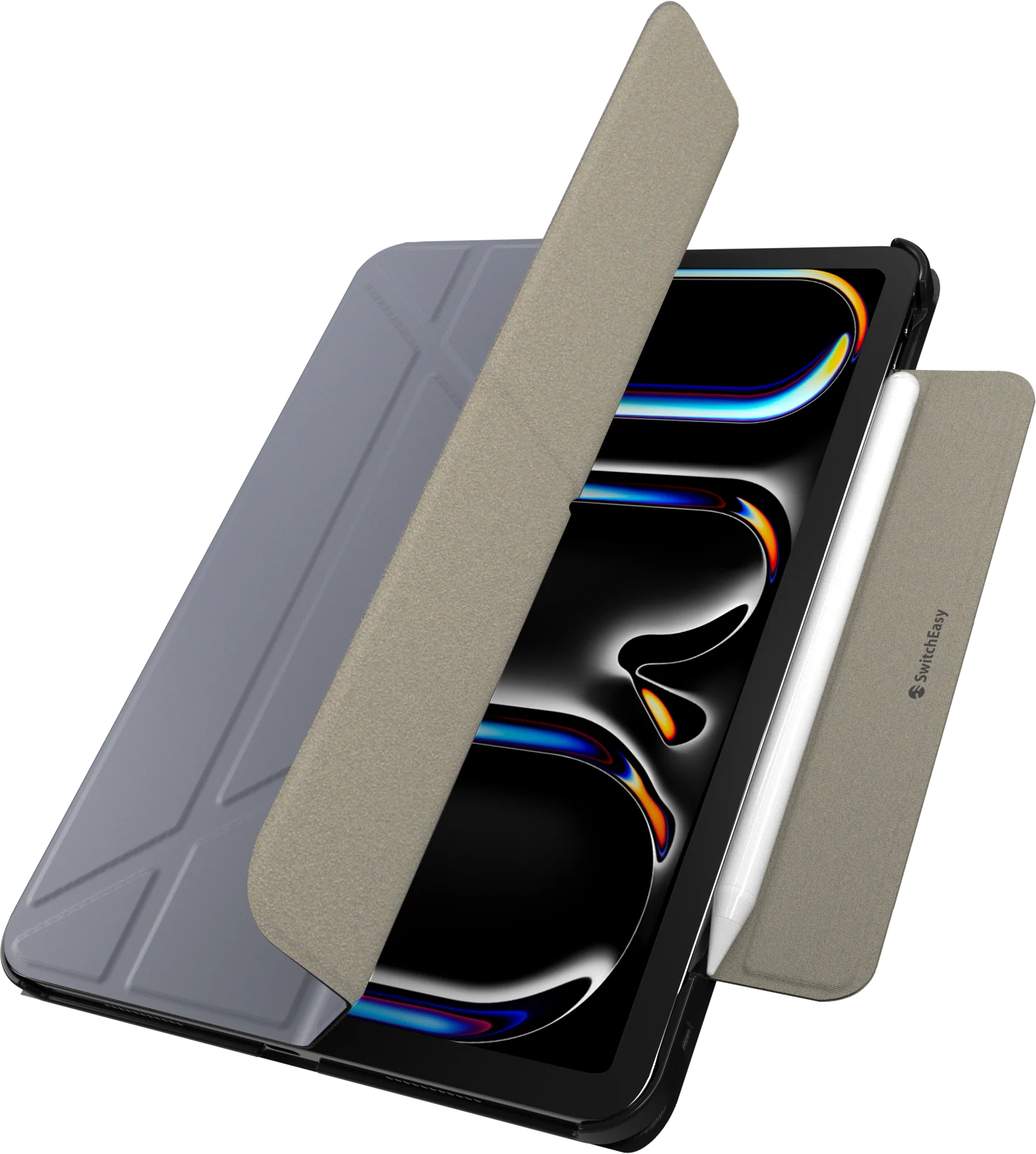 Egy tablet kinyitott tokkal, felfedve a képernyőt, stylusszal, fekete háttéren.