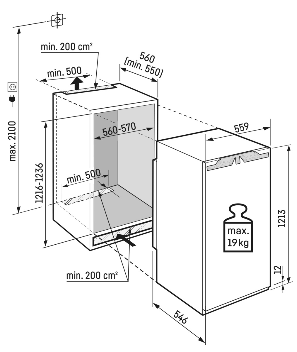 Diagramm mit Abmessungen eines Kühlschranks und seines Einbauraums. Maße in cm.