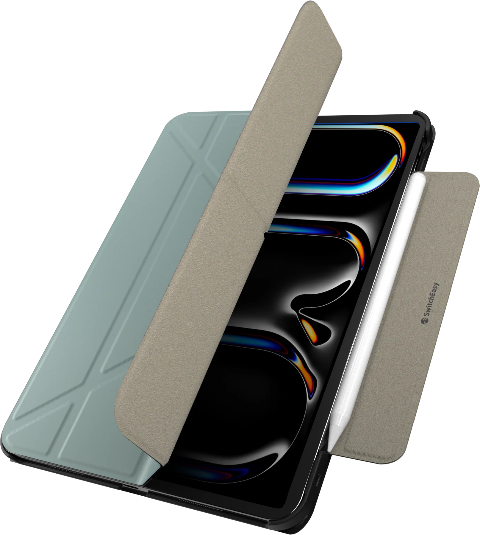 Tablet nyitott tokkal. Ceruza egy nyílásban. Fekete háttér.