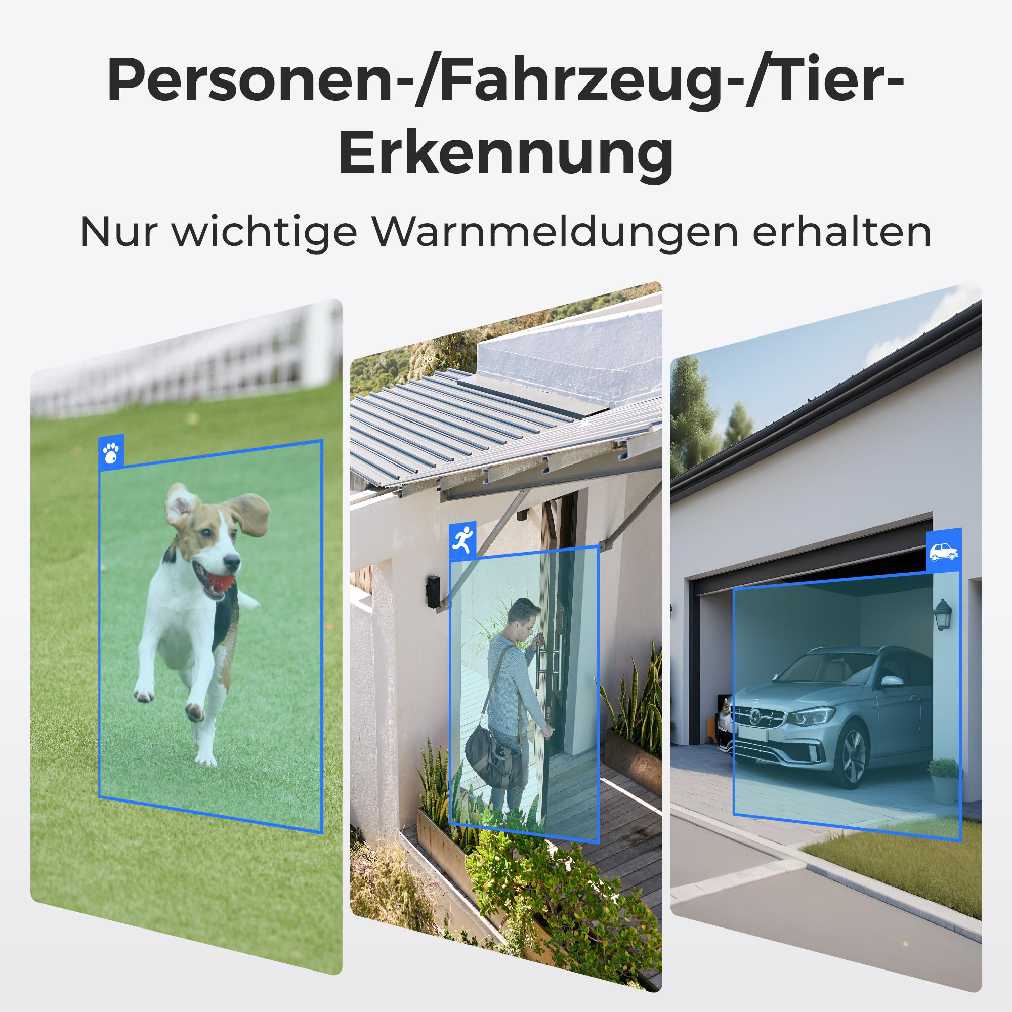 Drei Bilder zeigen Tier-, Personen- und Autoerkennung in blauen Boxen mit weißem Text.