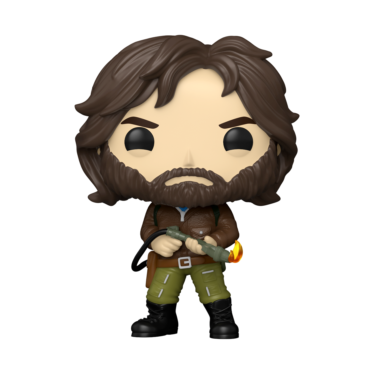 Funko Pop Figur eines Mannes mit Bart, der einen Flammenwerfer hält, mit brauner Jacke und grüner Hose.