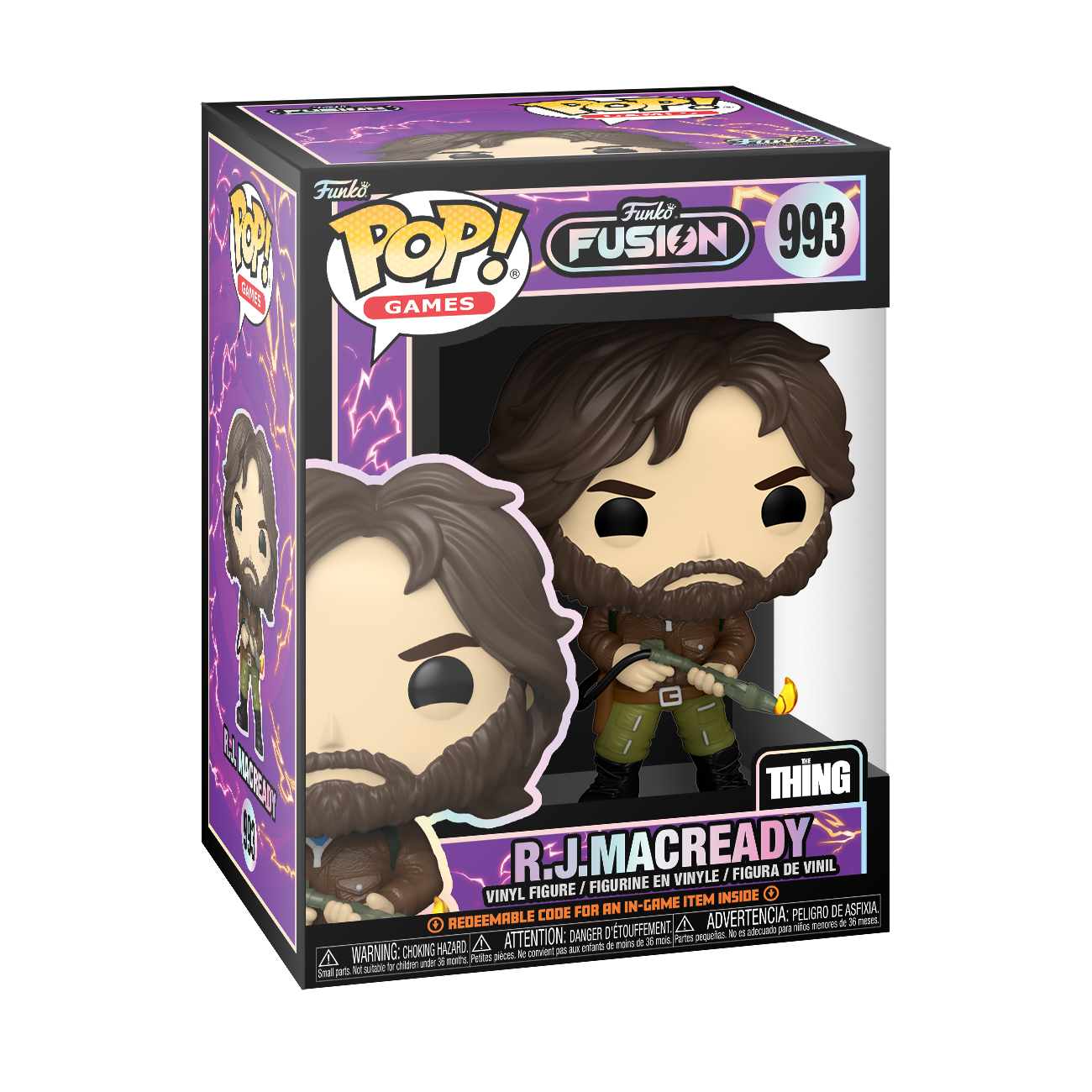 Funko Pop Figur von R.J. MacReady aus The Thing, in einer Box mit Charakterkunst.