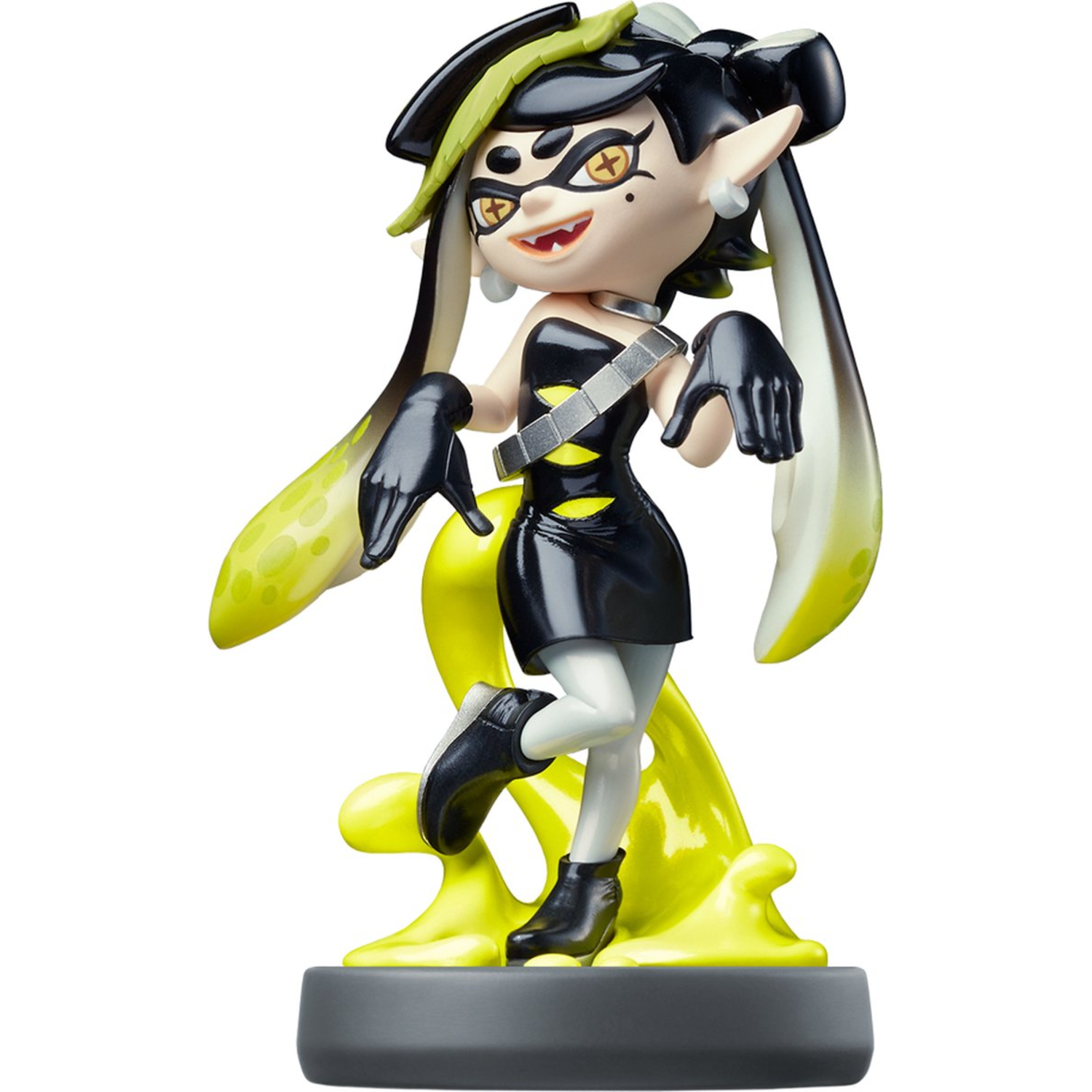 Figure of a girl with black and yellow hair and outfit, standing on a yellow splash.