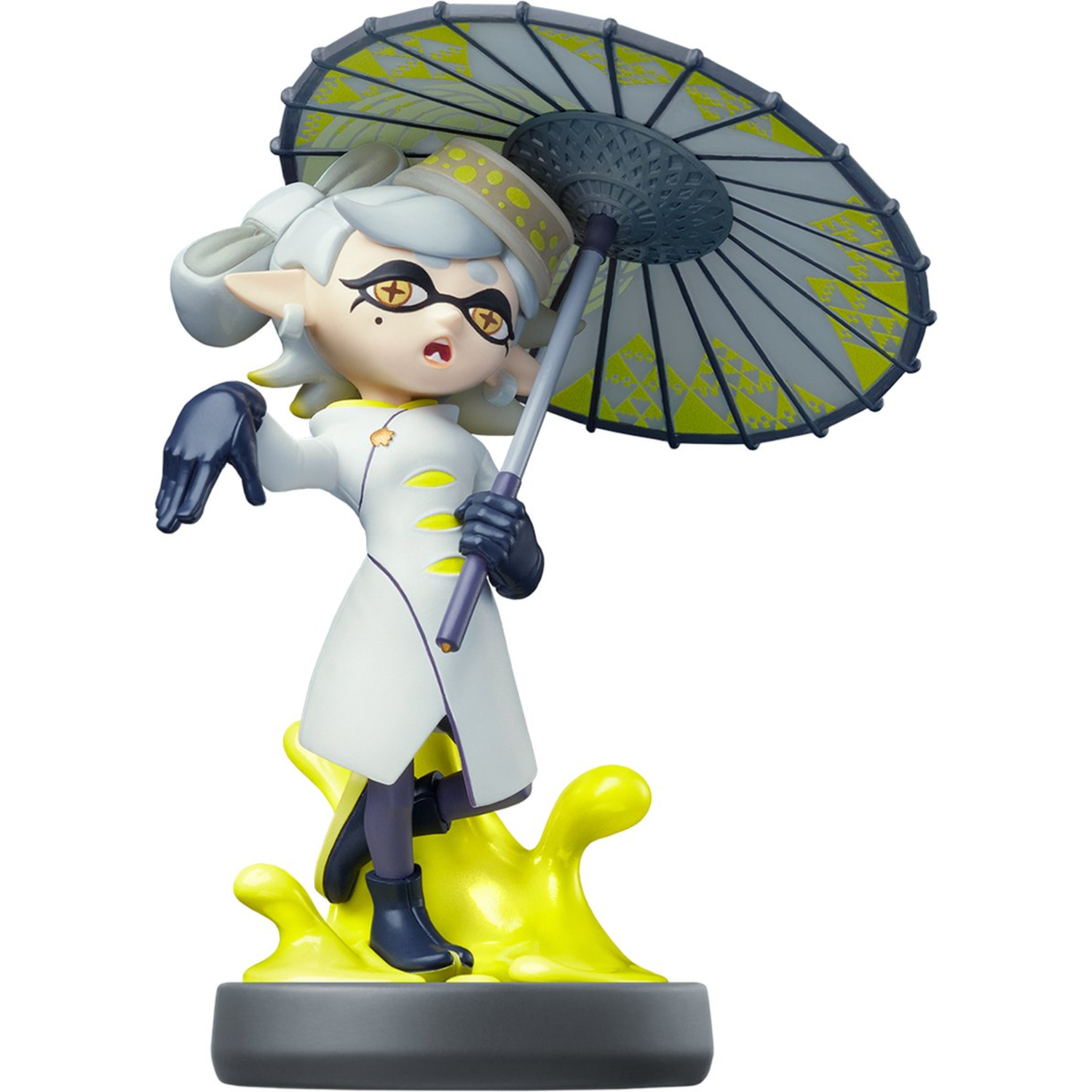 Marie from Splatoon figurine holding an umbrella on a yellow splash base, white background.