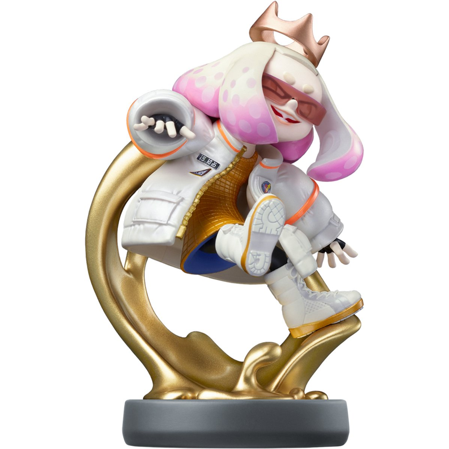 A Splatoon character figurine on a golden stand. The figure is white and pink.
