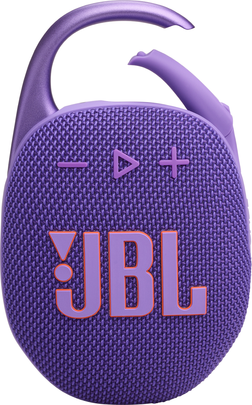Lila JBL Clip-Lautsprecher. Orangefarbenes JBL-Logo. Lila Clip. Mesh-Lautsprecherabdeckung.