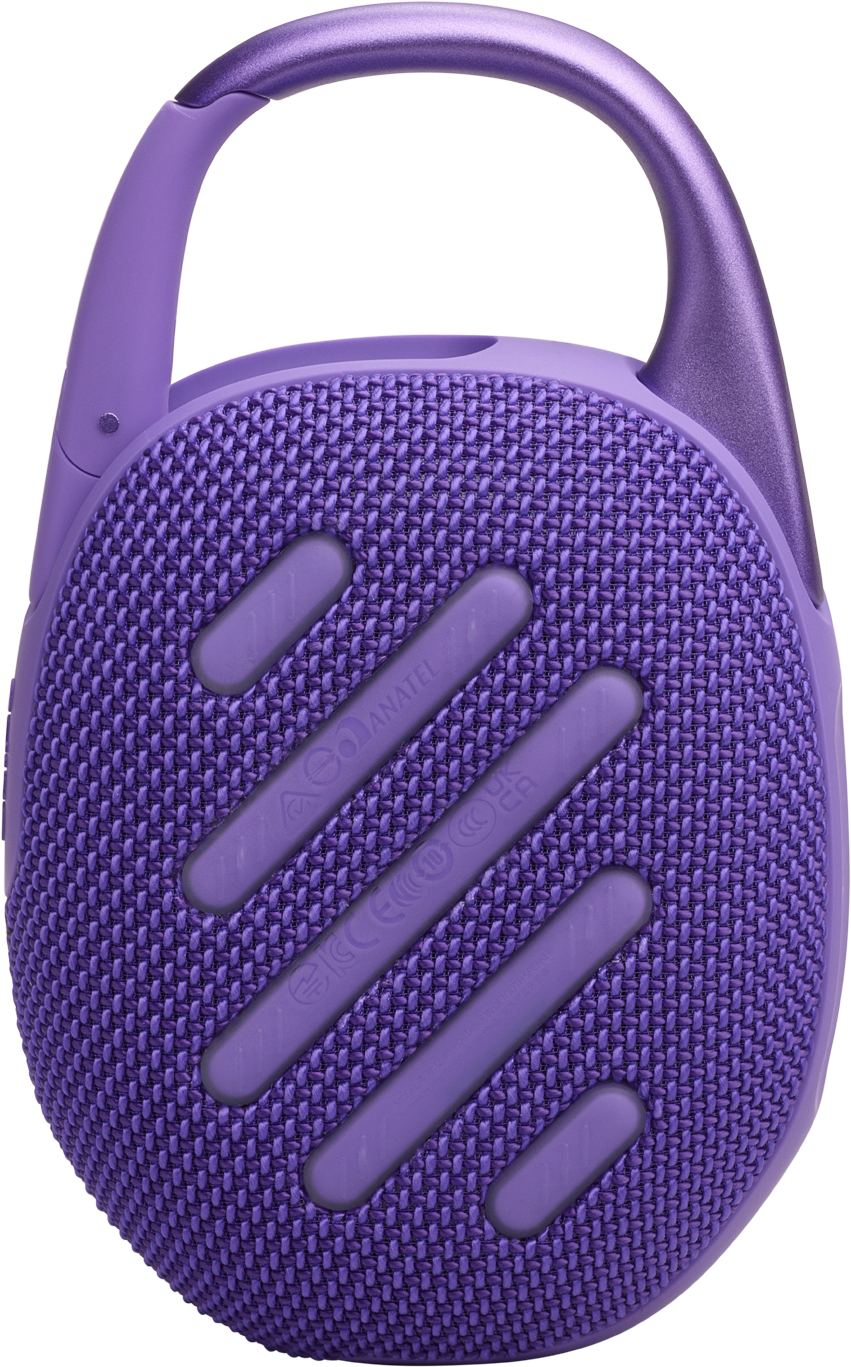 Ein lila Lautsprecher mit Clip und Mesh-Front, der Lautsprecher zeigt nach oben.