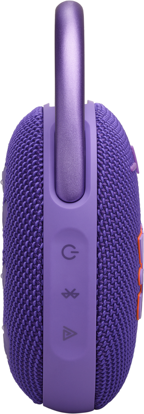 Lila JBL Clip-Lautsprecher. Er hat einen Metallclip und Knöpfe. Knöpfe sind Power, Bluetooth und Lautstärke.